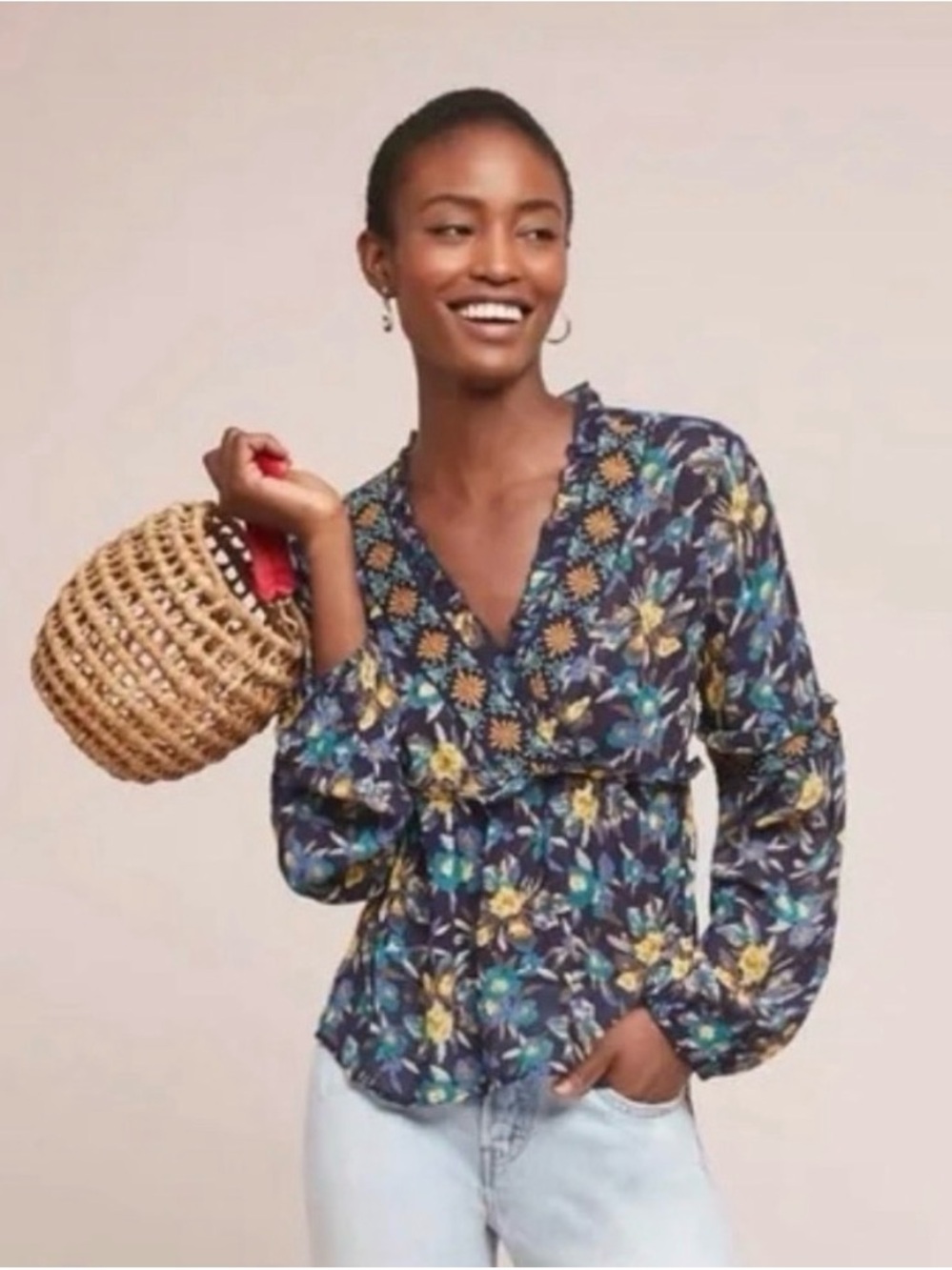 Anthropologie Meadow Rue Floral Embroidered Boho Blouse XS Navy Peplum